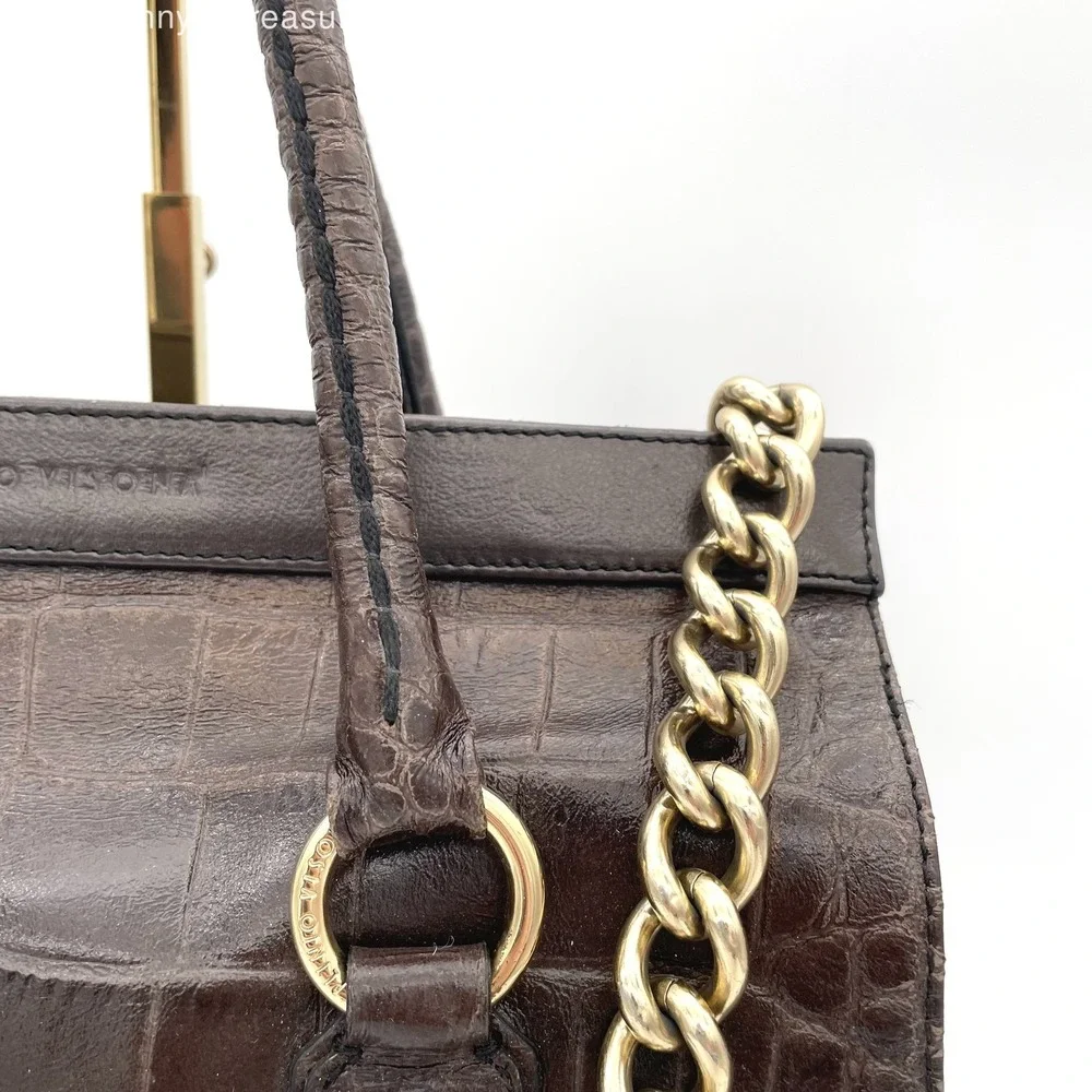 Plinio Visona 100% Genuine Leather Tooled Style Gator Top Handle Crossbody Bag